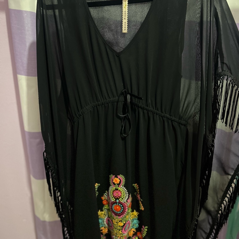 Uncle Frank Black Embroidered Festival Boho Fringe Dress Medium
